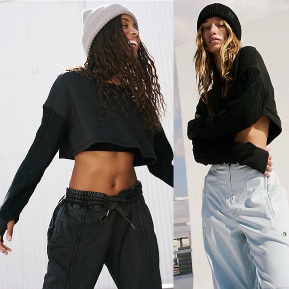 NWT Free People FP Movement Snow Worries Layer Knit Crop Sweatshirt Top Black - Picture 6 of 6